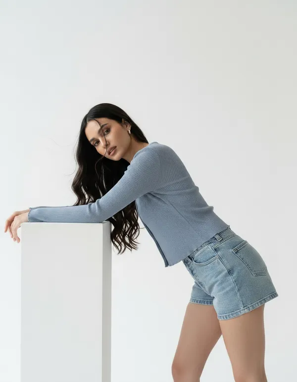 Blue_Grey_Cotton_Rib_Knit_V-Neck_Ribbed_Top_For_Women