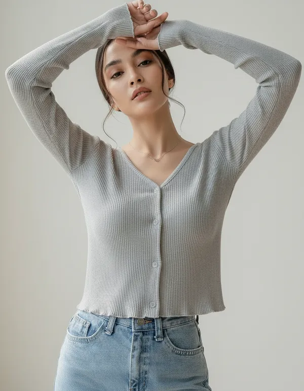 Grey_Cotton_Rib_Knit_V-Neck_Ribbed_Top_For_Women