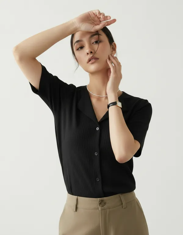 Black_Cotton_Rib_Knit_Half_Sleeve_Polo_Top_For_Women