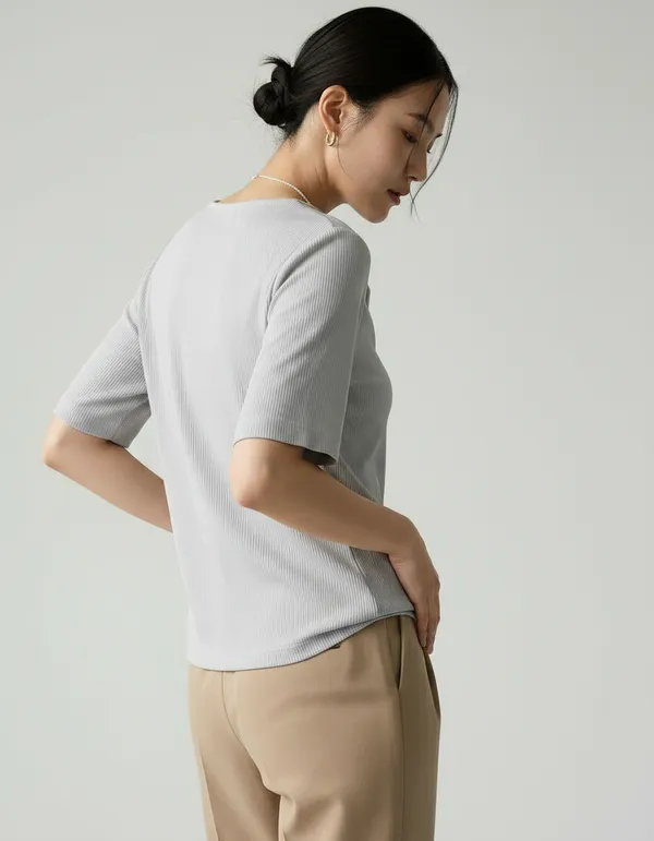 Light_Grey_Cotton_Rib_Knit_Half_Sleeve_Polo_Top_For_Women