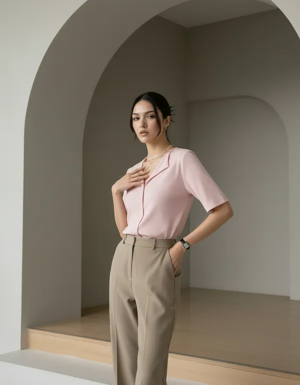Light_Peach_Cotton_Rib_Knit_Half_Sleeve_Polo_Top_For_Women