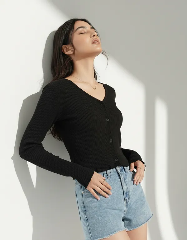 Black_Cotton_Rib_Knit_V-Neck_Ribbed_Top_For_Women