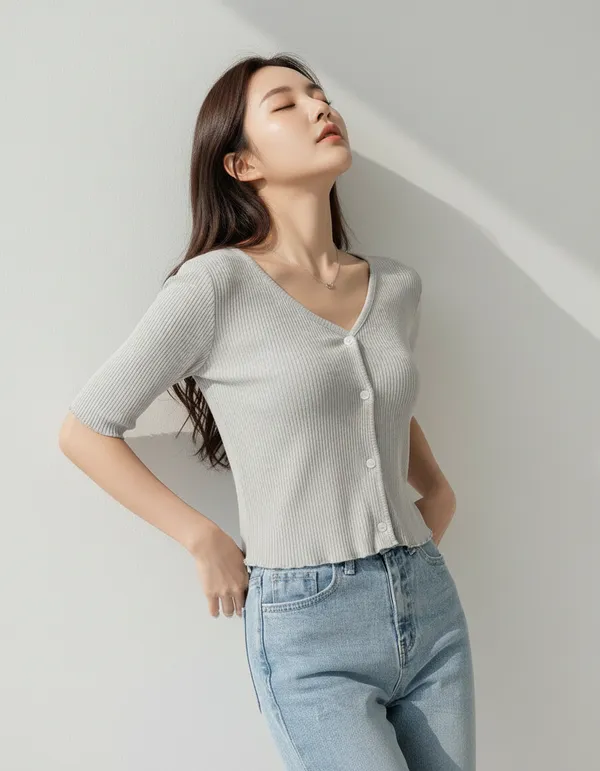 Grey_Cotton_Rib_Knit_V-Neck_Ribbed_Top_For_Women