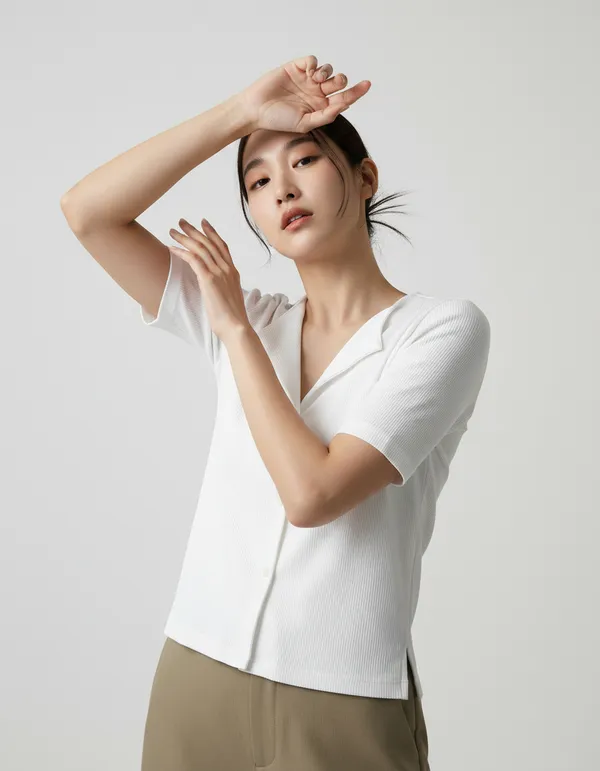 White_Cotton_Rib_Knit_Half_Sleeve_Polo_Top_For_Women