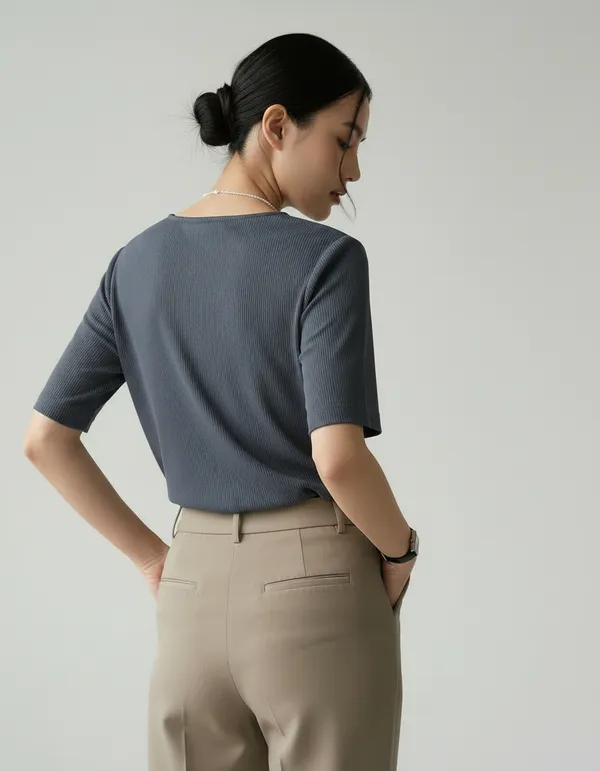 Dark_Grey_Cotton_Rib_Knit_Half_Sleeve_Polo_Top_For_Women