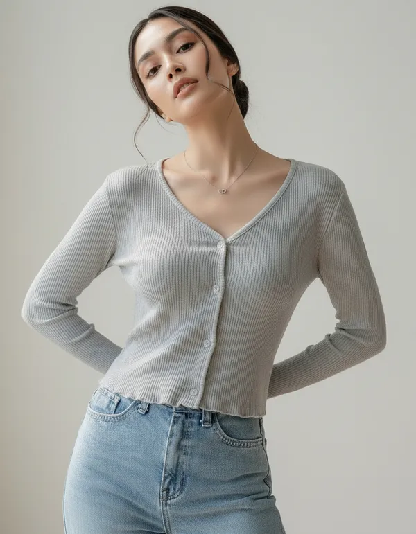 Grey_Cotton_Rib_Knit_V-Neck_Ribbed_Top_For_Women