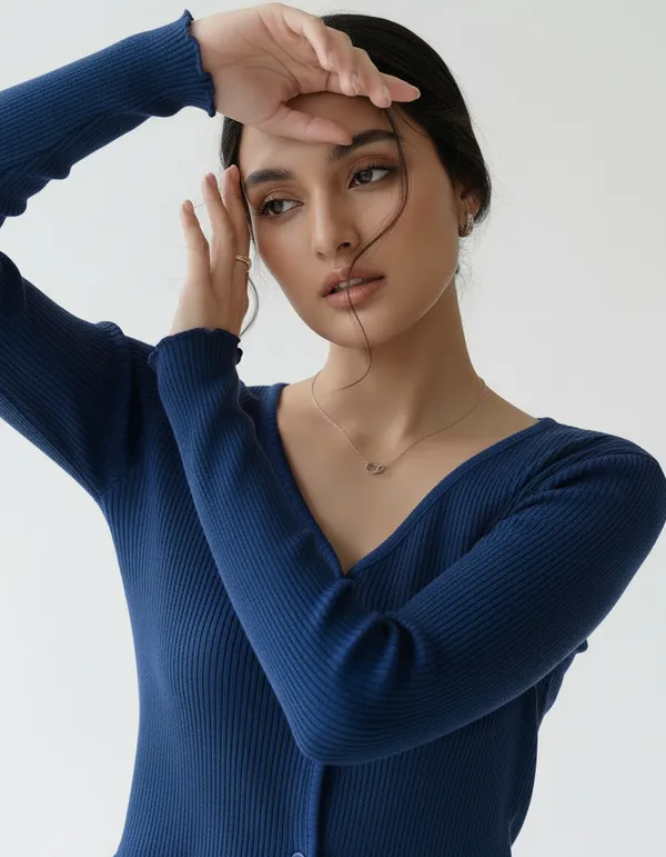 Royal_Blue_Cotton_Rib_Knit_V-Neck_Top_For_Women