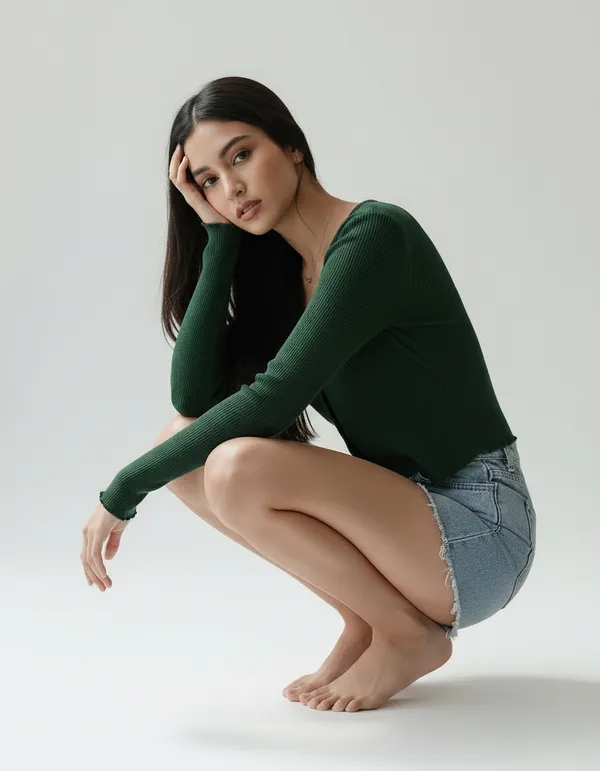 Bottle_Green_Cotton_Rib_Knit_V-Neck_Ribbed_Top_For_Women
