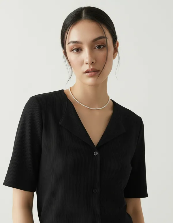 Black_Cotton_Rib_Knit_Half_Sleeve_Polo_Top_For_Women