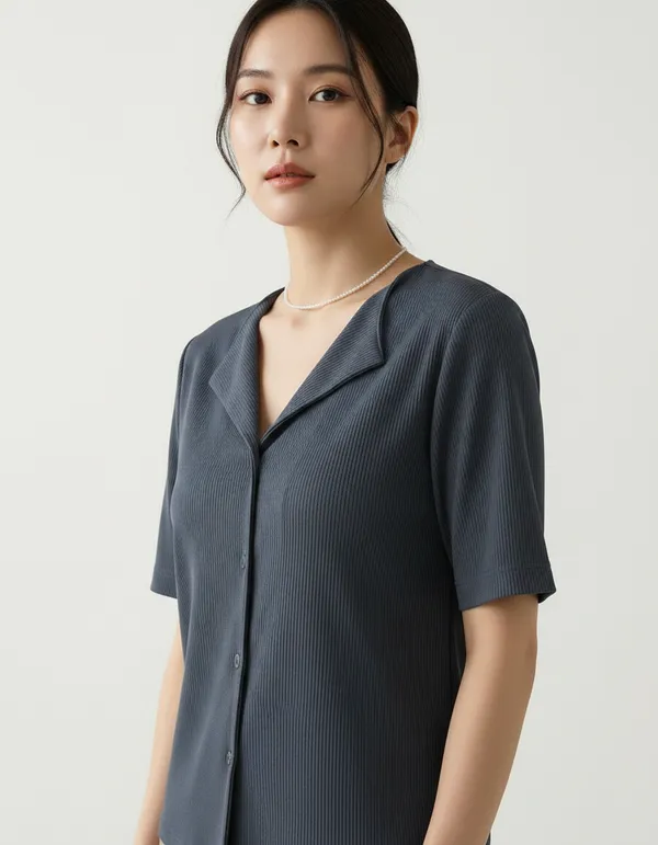 Dark_Grey_Cotton_Rib_Knit_Half_Sleeve_Polo_Top_For_Women