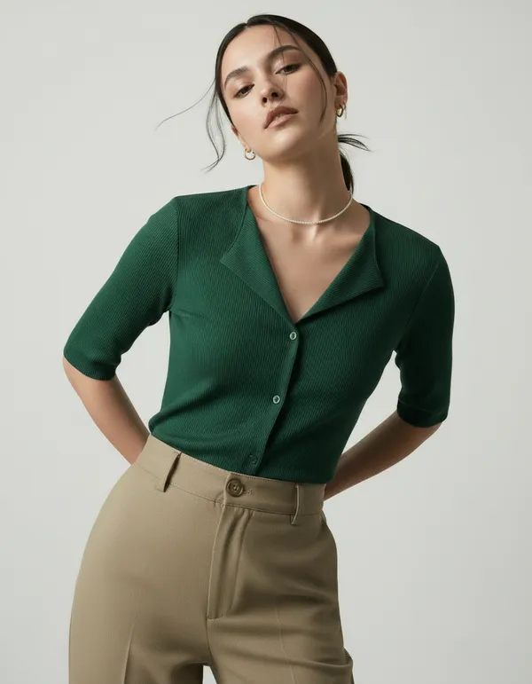 Bottle_Green_Cotton_Rib_Knit_Half_Sleeve_Polo_Top_For_Women