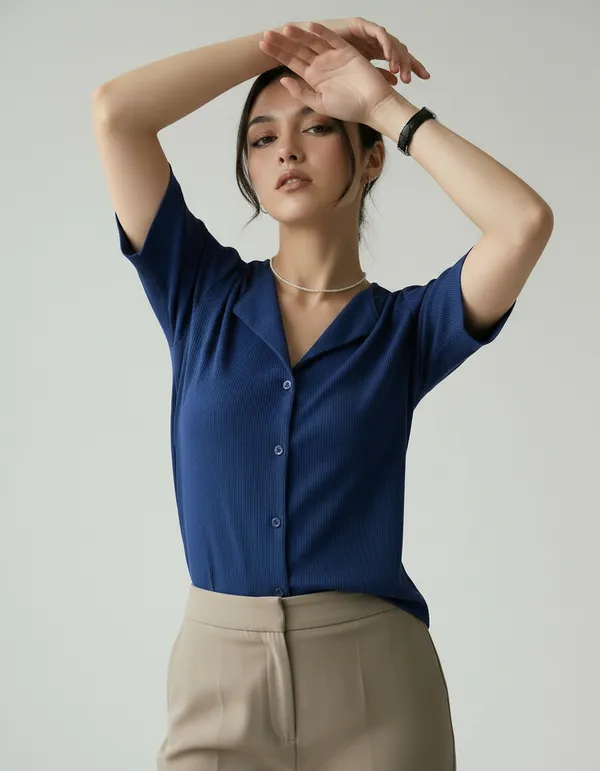 Royal_Blue_Cotton_Rib_Knit_Half_Sleeve_Polo_Top_For_Women