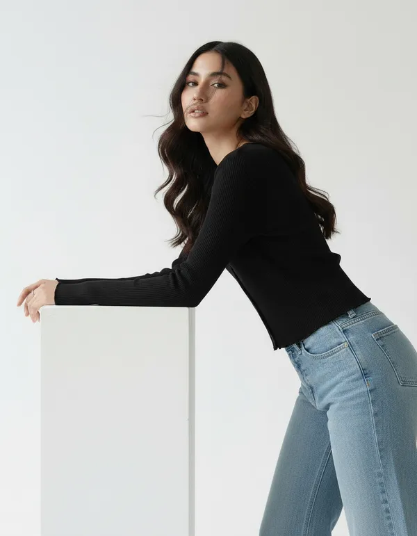 Black_Cotton_Rib_Knit_V-Neck_Ribbed_Top_For_Women