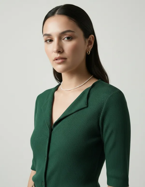 Bottle_Green_Cotton_Rib_Knit_Half_Sleeve_Polo_Top_For_Women