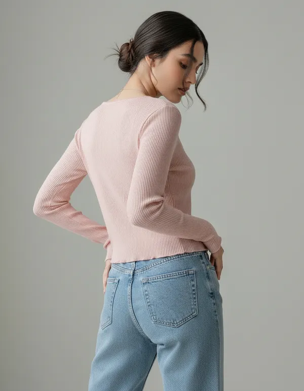 Light_Peach_Cotton_Rib_Knit_V-Neck_Ribbed_Top_For_Women