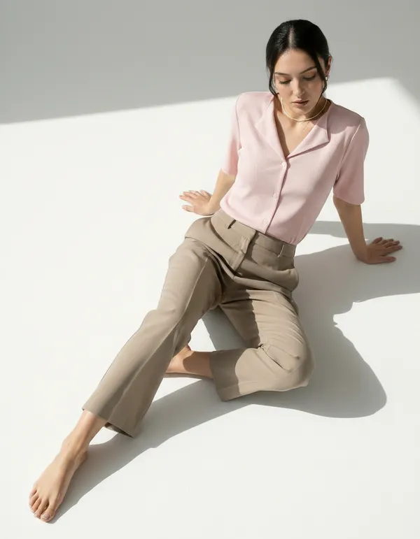Light_Peach_Cotton_Rib_Knit_Half_Sleeve_Polo_Top_For_Women