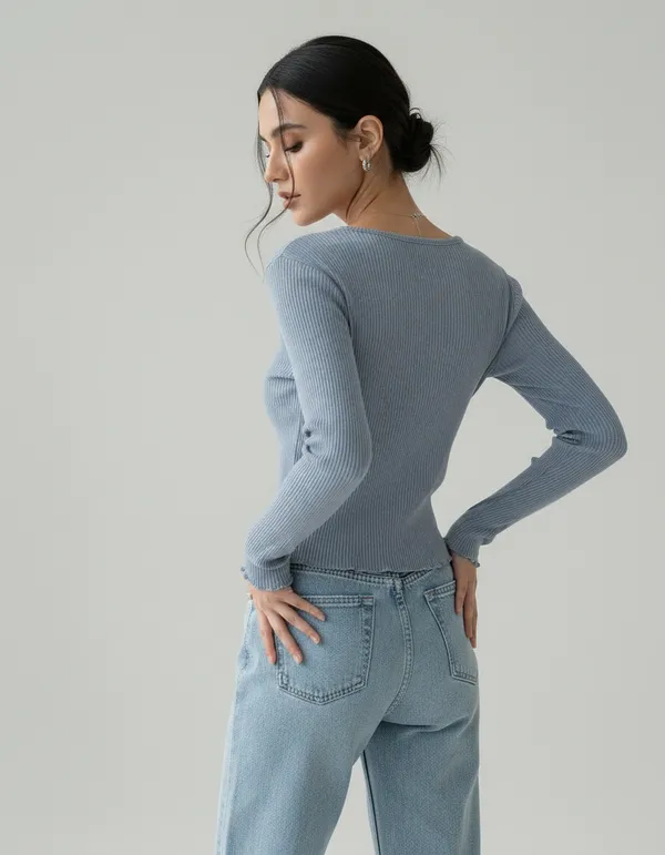 Blue_Grey_Cotton_Rib_Knit_V-Neck_Ribbed_Top_For_Women