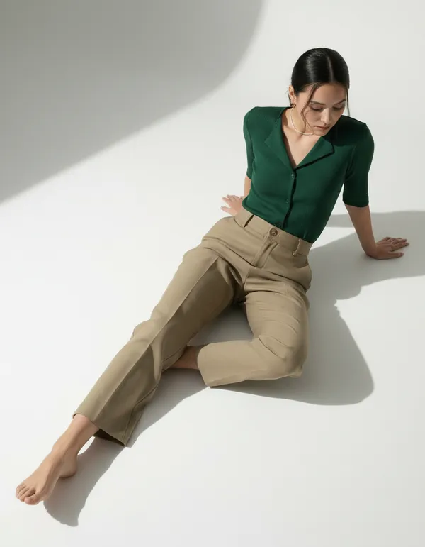 Bottle_Green_Cotton_Rib_Knit_Half_Sleeve_Polo_Top_For_Women