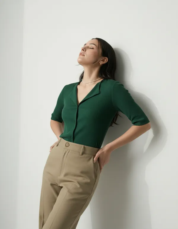 Bottle_Green_Cotton_Rib_Knit_Half_Sleeve_Polo_Top_For_Women