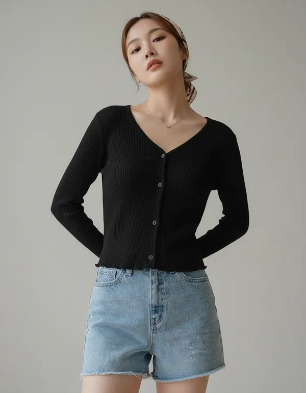 Black_Cotton_Rib_Knit_V-Neck_Ribbed_Top_For_Women
