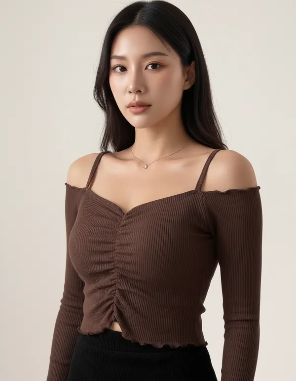 Brown_Cotton_Rib_Knit_Fitted_Off-Shoulder_Top_For_Women