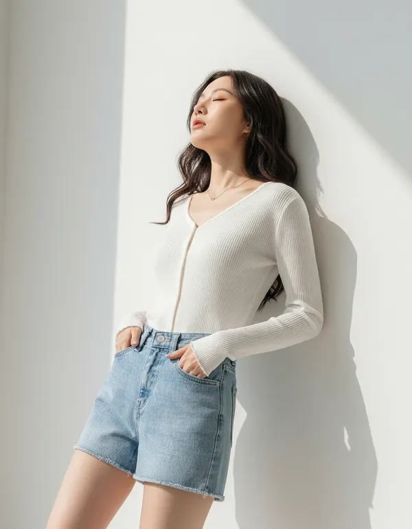 White_Cotton_Rib_Knit_V-Neck_Ribbed_Top_For_Women