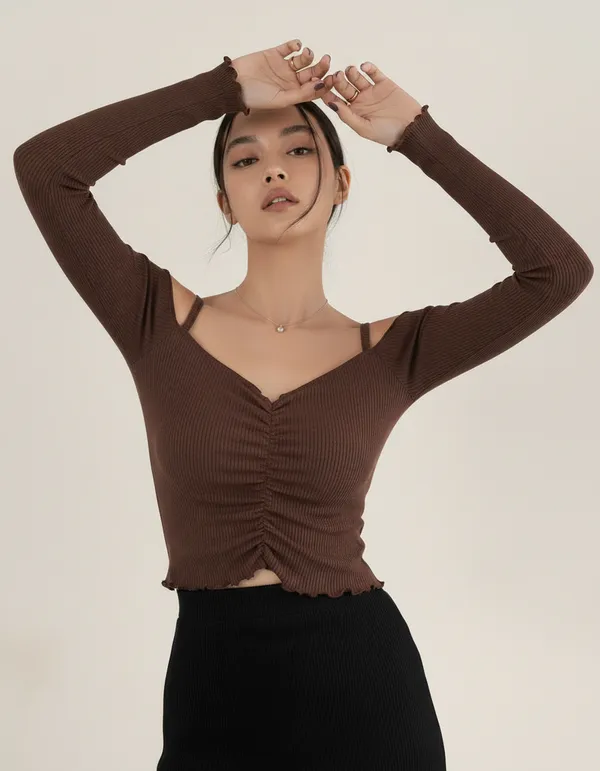 Brown_Cotton_Rib_Knit_Fitted_Off-Shoulder_Top_For_Women