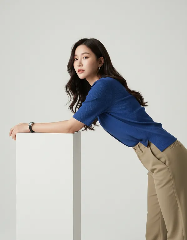 Royal_Blue_Cotton_Rib_Knit_Half_Sleeve_Polo_Top_For_Women