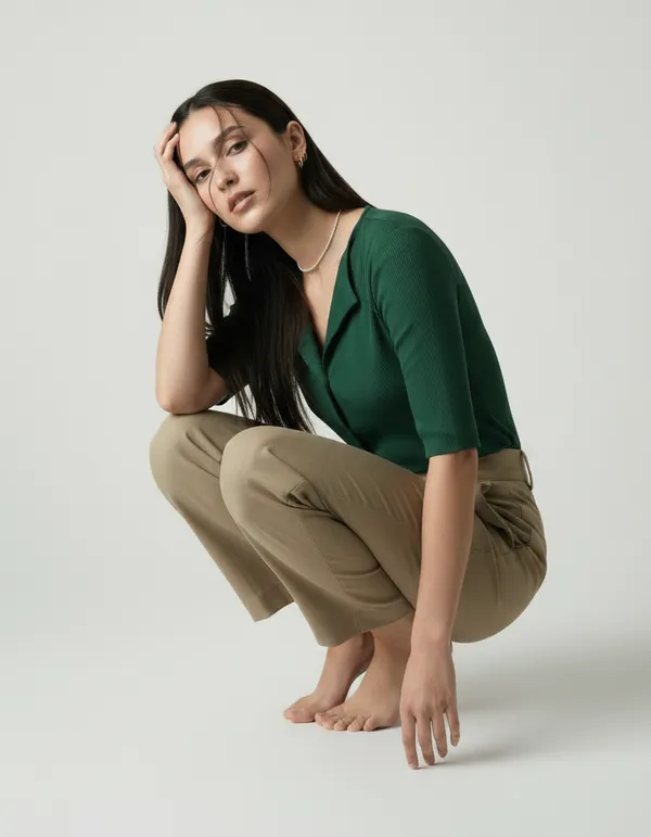 Bottle_Green_Cotton_Rib_Knit_Half_Sleeve_Polo_Top_For_Women