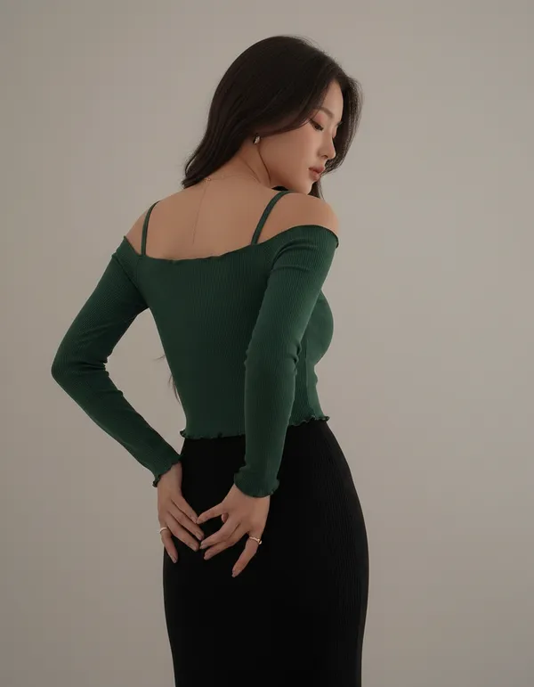 Bottle_Green_Cotton_Rib_Knit_Fitted_Off-Shoulder_Top_For_Women