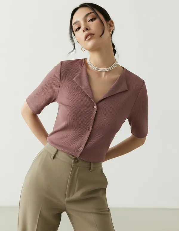 Dusty_Peach_Cotton_Rib_Knit_Half_Sleeve_Polo_Top_For_Women