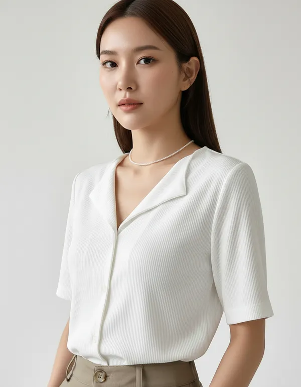 White_Cotton_Rib_Knit_Half_Sleeve_Polo_Top_For_Women
