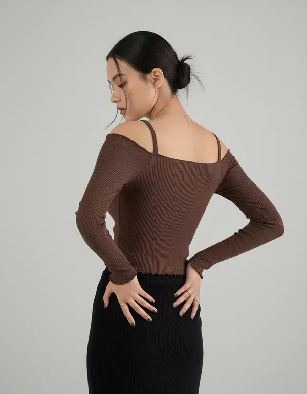 Brown_Cotton_Rib_Knit_Fitted_Off-Shoulder_Top_For_Women