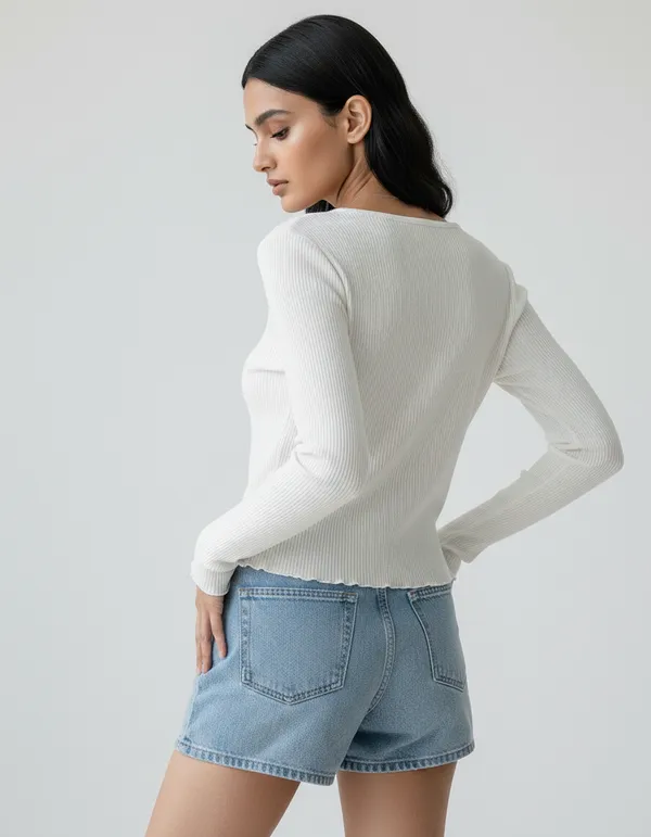 White_Cotton_Rib_Knit_V-Neck_Ribbed_Top_For_Women