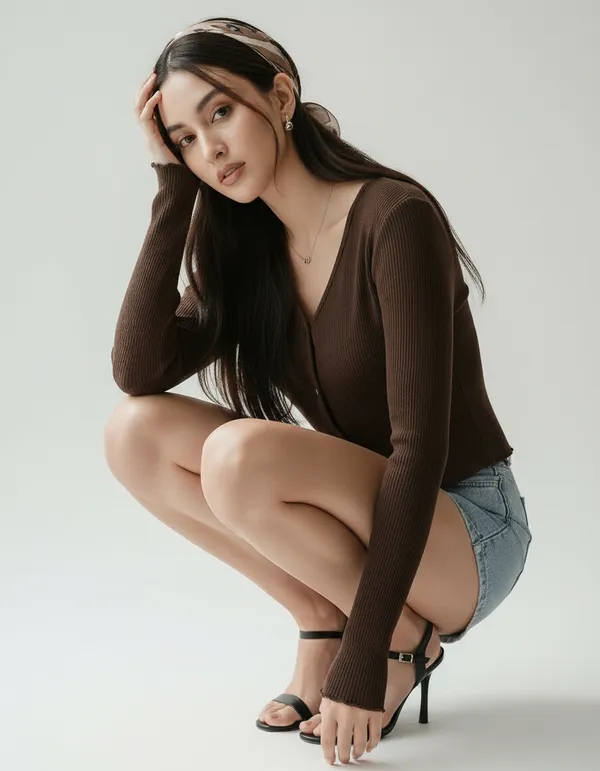 Brown_Cotton_Rib_Knit_V-Neck_Top_For_Women