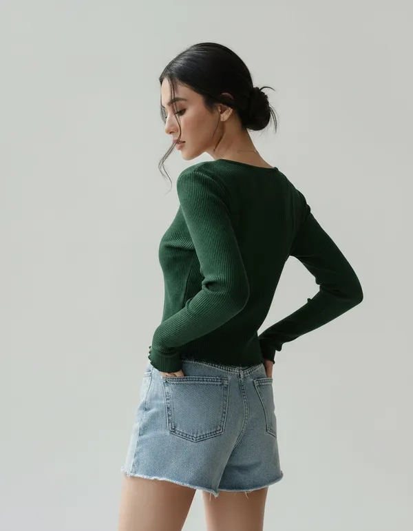Bottle_Green_Cotton_Rib_Knit_V-Neck_Ribbed_Top_For_Women