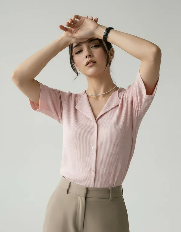 Light_Peach_Cotton_Rib_Knit_Half_Sleeve_Polo_Top_For_Women