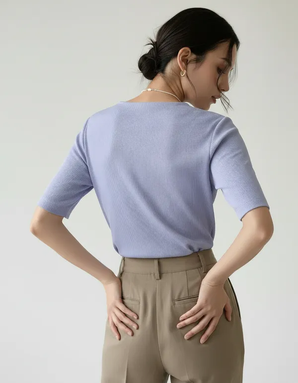 Lavender_Blue_Cotton_Rib_Knit_Half_Sleeve_Polo_Top_For_Women