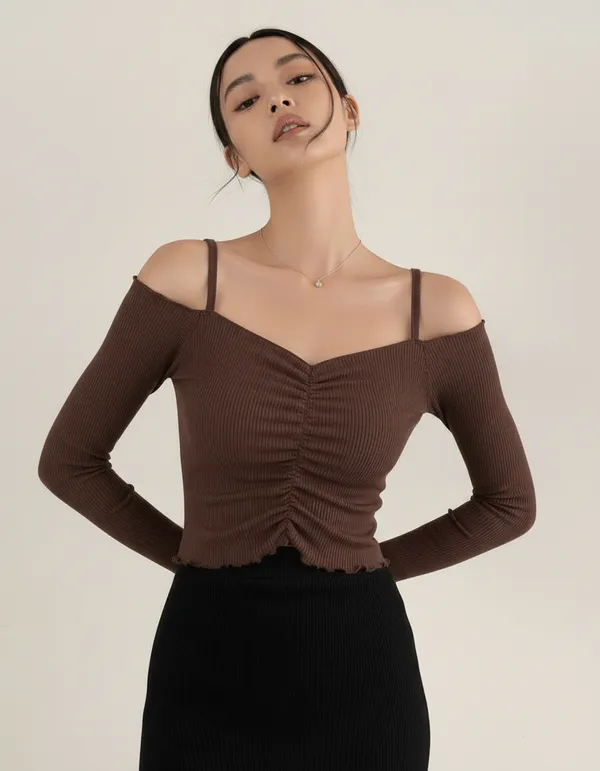 Brown_Cotton_Rib_Knit_Fitted_Off-Shoulder_Top_For_Women