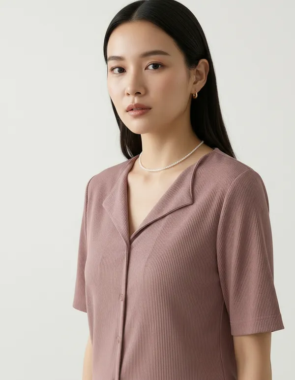 Dusty_Peach_Cotton_Rib_Knit_Half_Sleeve_Polo_Top_For_Women
