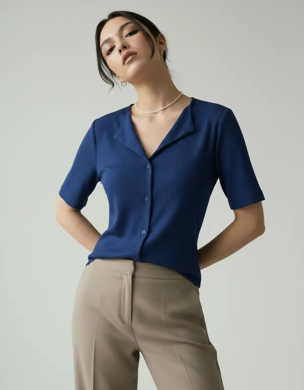 Royal_Blue_Cotton_Rib_Knit_Half_Sleeve_Polo_Top_For_Women