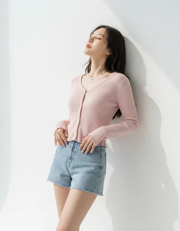 Light_Peach_Cotton_Rib_Knit_V-Neck_Ribbed_Top_For_Women