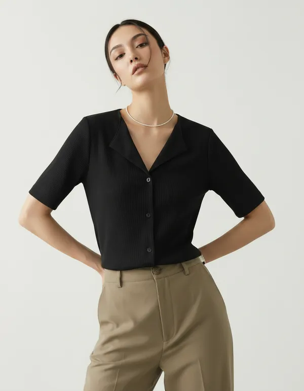 Black_Cotton_Rib_Knit_Half_Sleeve_Polo_Top_For_Women