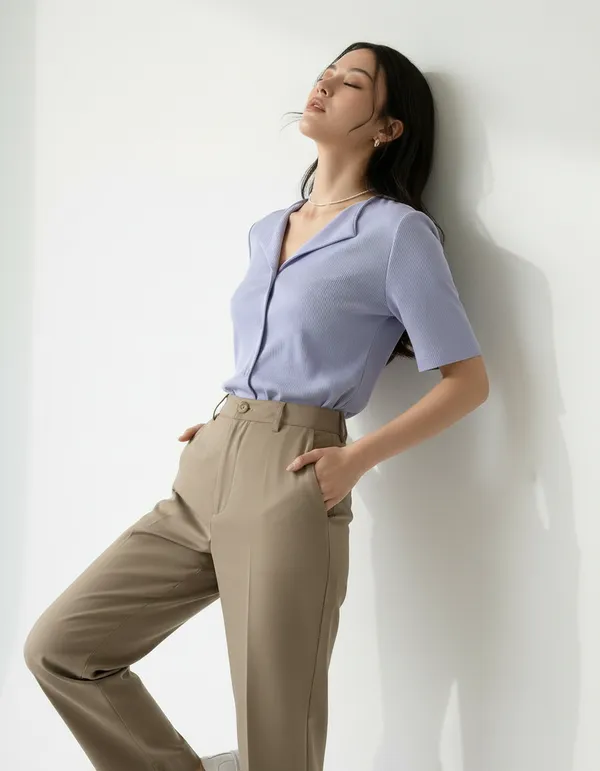 Lavender_Blue_Cotton_Rib_Knit_Half_Sleeve_Polo_Top_For_Women