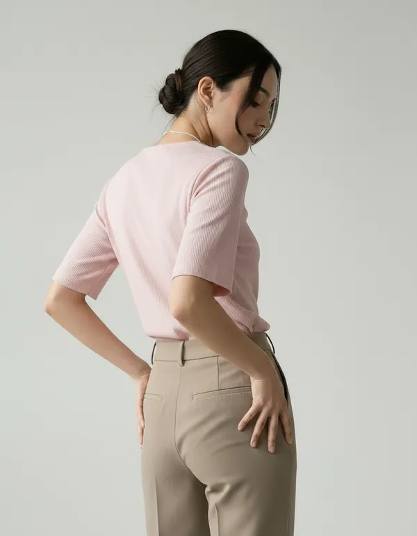 Light_Peach_Cotton_Rib_Knit_Half_Sleeve_Polo_Top_For_Women