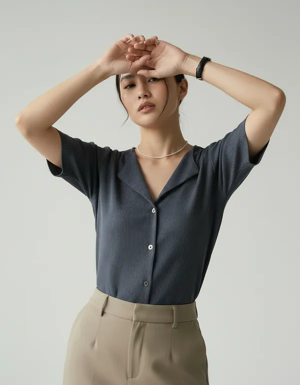 Dark_Grey_Cotton_Rib_Knit_Half_Sleeve_Polo_Top_For_Women