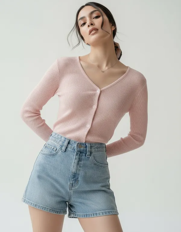 Light_Peach_Cotton_Rib_Knit_V-Neck_Ribbed_Top_For_Women