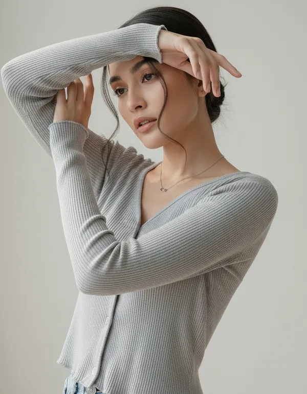 Grey_Cotton_Rib_Knit_V-Neck_Ribbed_Top_For_Women
