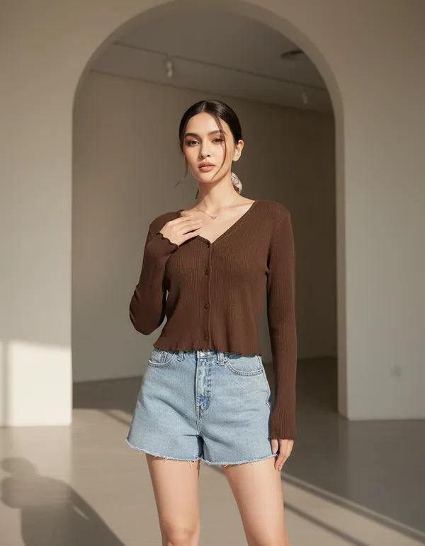 Brown_Cotton_Rib_Knit_V-Neck_Top_For_Women