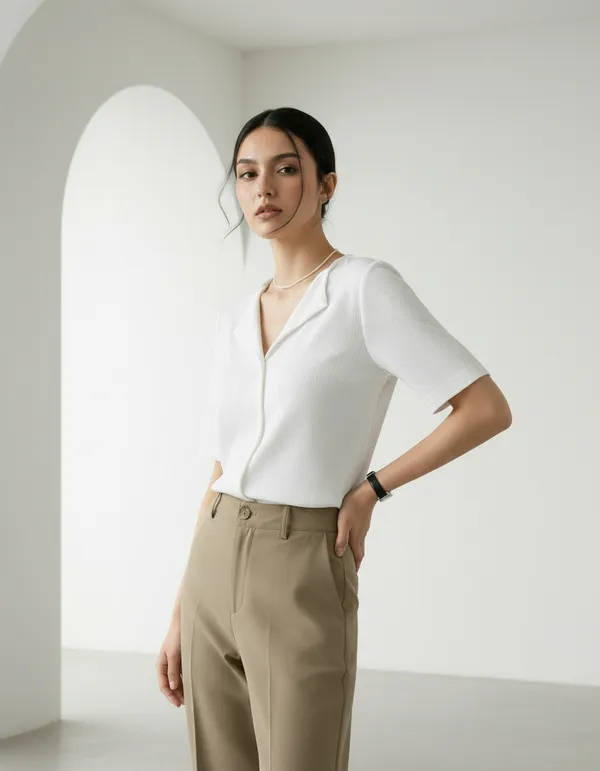 White_Cotton_Rib_Knit_Half_Sleeve_Polo_Top_For_Women